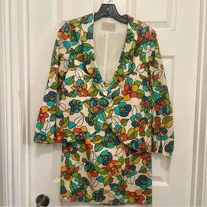 HERBERT OWEN 60s Vintage Floral Blazer Skirt Suit Set - Off White Blue Orange